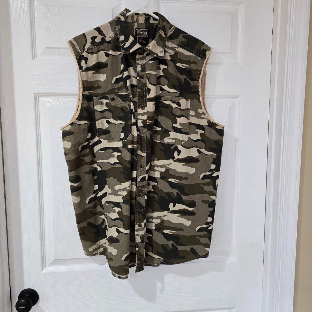 C.E. Schmidt Workwear Camo Fray Edge Sleeveless Button Up Shirt Vest Green Sz XL